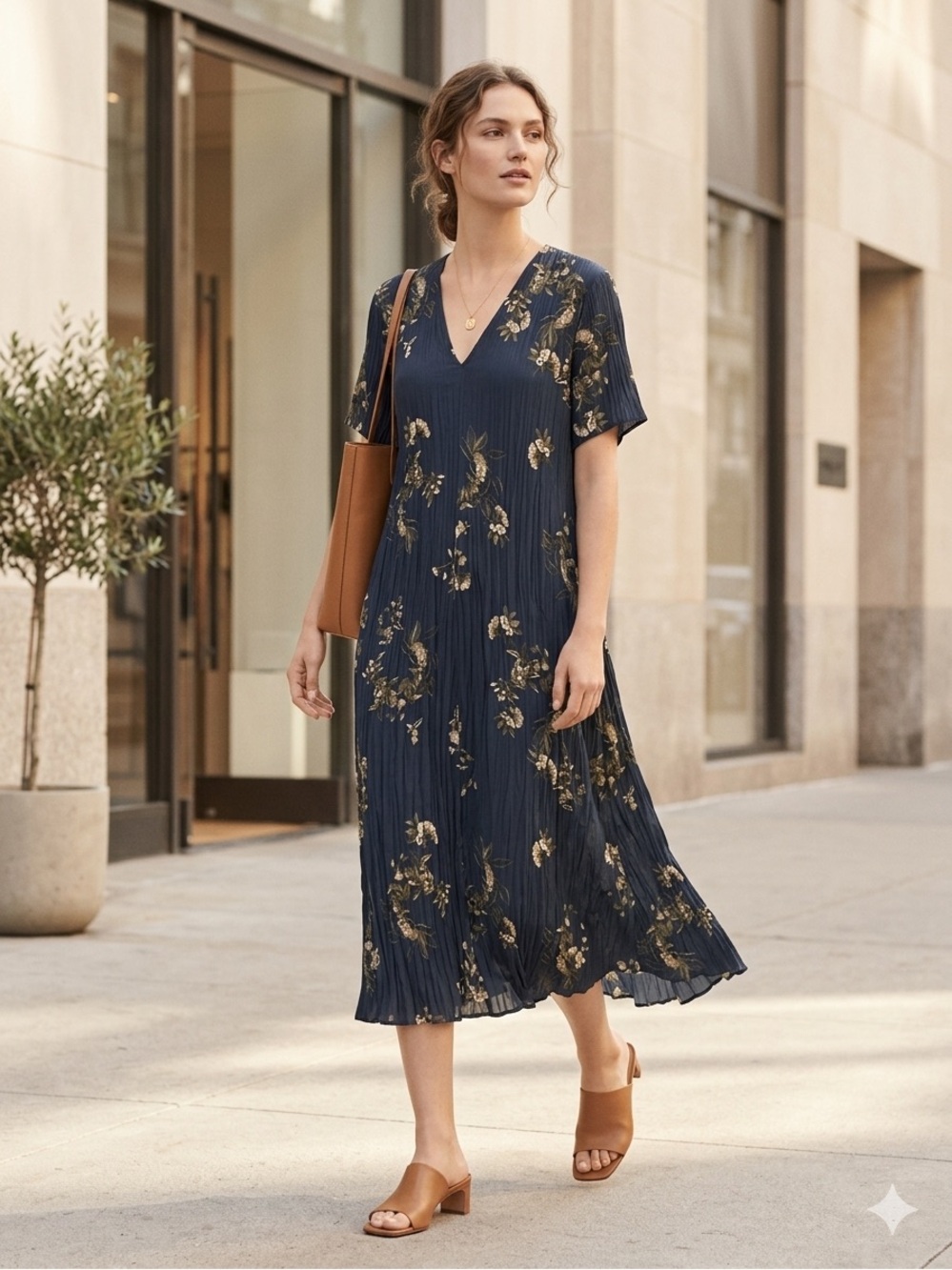 Vince Painted Blooms Floral Pleated Midi Dress Navy Blue Short Sleeve Size S/P
